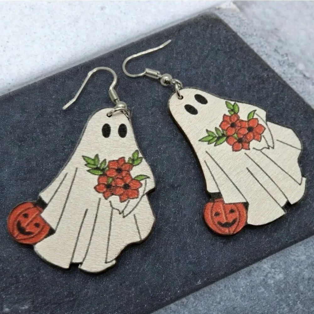 Ghost Earrings Flowers Pumpkin Jack O Lantern Wooden Halloween Cute Spooky Fun - Picture 4 of 5